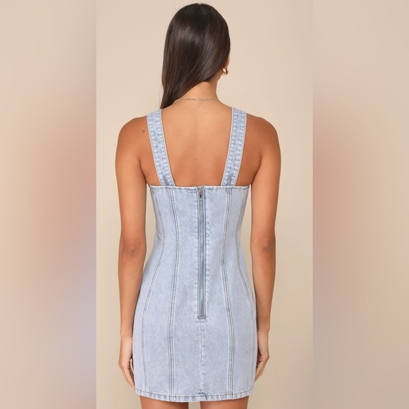 Lulu Stylish Daze Light Wash Denim Sleeveless Bustier Mini Dress in Sz L NWT - Picture 3 of 8